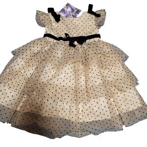 Blueberi Boulevard Baby Girls 12M Beige Black Dot Tulle tiered dres new formal